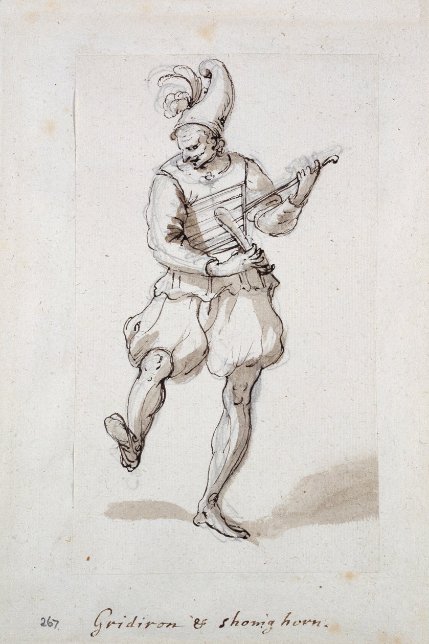 Homem com grelha de ferro e chifre de sapato (caneta e tinta sobre papel) de Inigo Jones