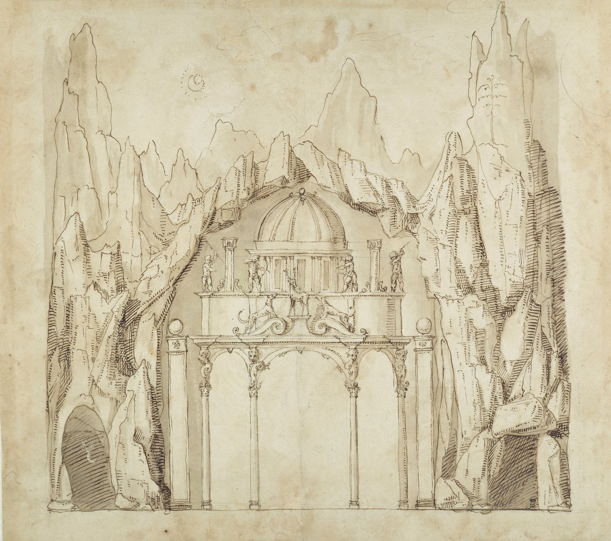 Palace in a cavern, c.1611 (caneta e tinta sobre papel) de Inigo Jones