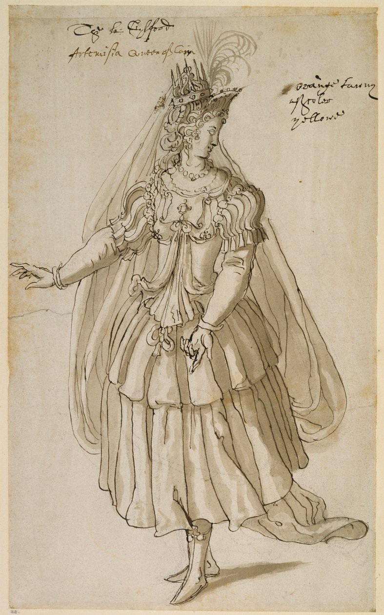 Queen Artemisia, c.1609 (caneta e tinta sobre papel) de Inigo Jones