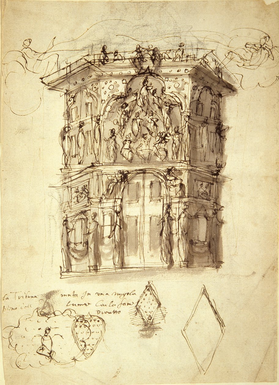 A Máscara das Rainhas, cena 2: a Casa da Fama, c.1609 (caneta e tinta sobre papel) de Inigo Jones