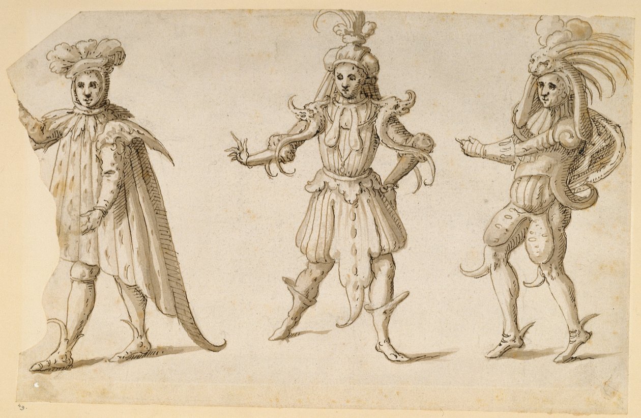 Three Fays, c.1611 (caneta e tinta sobre papel) de Inigo Jones