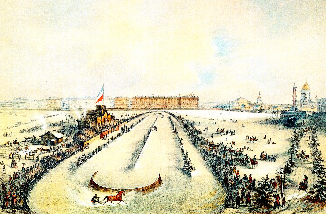 Corrida de cavalos no rio congelado de Neva em St Petersburg, Rússia, 1859. de Iosif Adolfovich Charlemagne