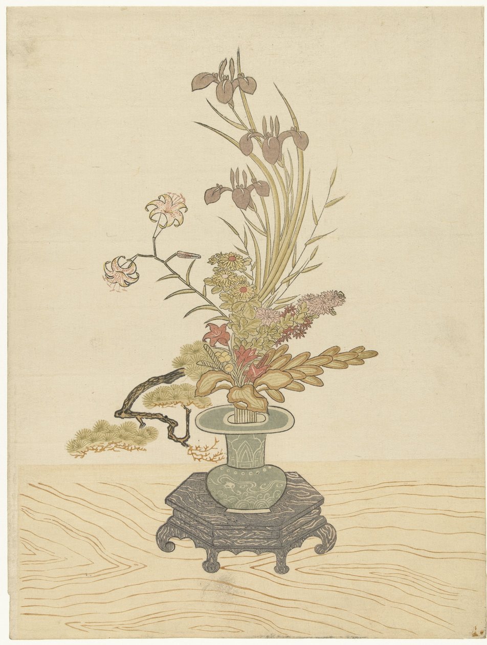 Arranjo de flores Ikebana em vaso verde de Ippitsusai Bunchô (manner of)