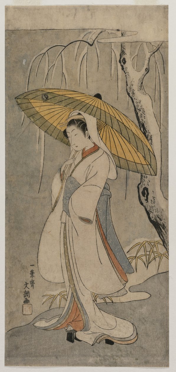 Segawa Kikunojo II como a donzela da garça-real da série Ichimura Theatre, 1770. de Ippitsusai Bunchō