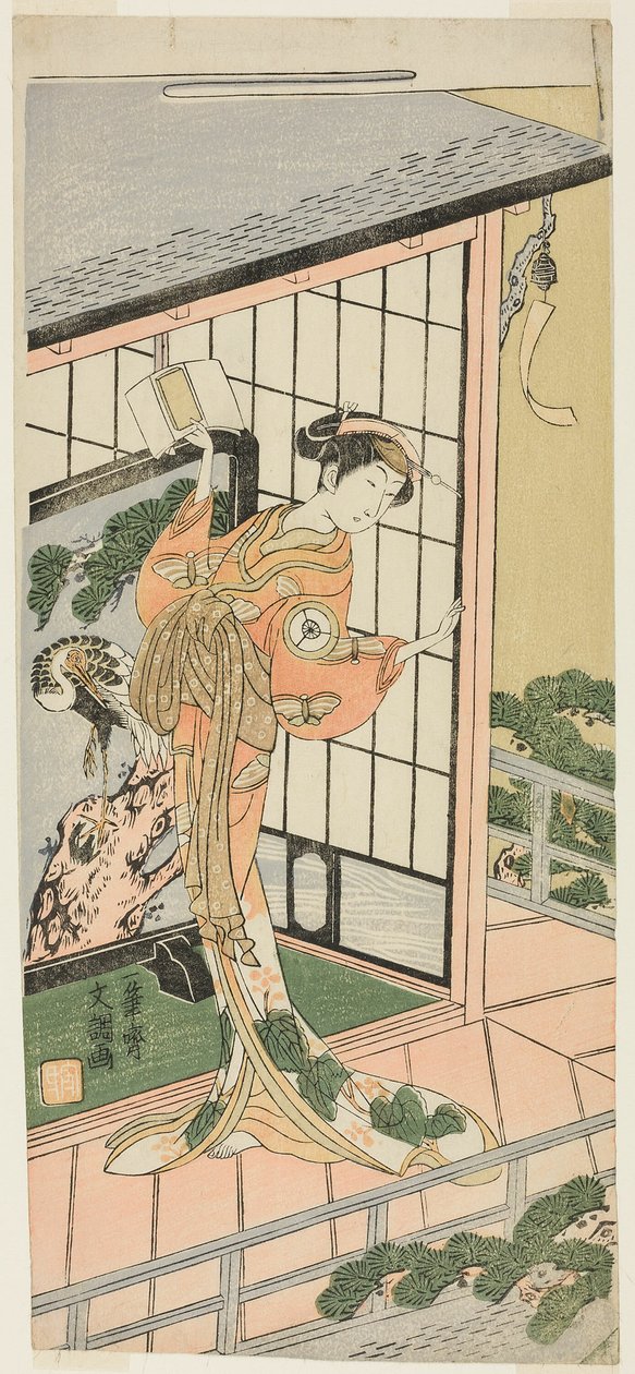 O ator Iwai Hanshiro IV como Okaru no sétimo ato da peça Chushingura (Tesouro dos Quarenta e sete leais retentores), realizada no Teatro Morita a partir do terceiro dia do quarto mês de 1769 de Ippitsusai Bunchō