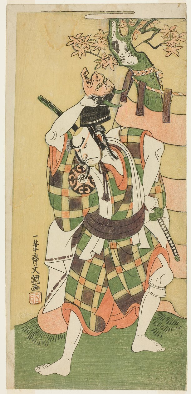 O ator Nakamura Nakazo I como Yamaoka no Saburo em "Momiji Kumo Nishiki no Tsuri Yogi" (Nuvens de Bordo: Um Brocado de Colchas Penduradas), Ato Três da Peça Kawaranu Hanasakae Hachi no Ki (A Árvore em Vaso Sempre Florescente), Interpretada no Teatro Nakamu de Ippitsusai Bunchō
