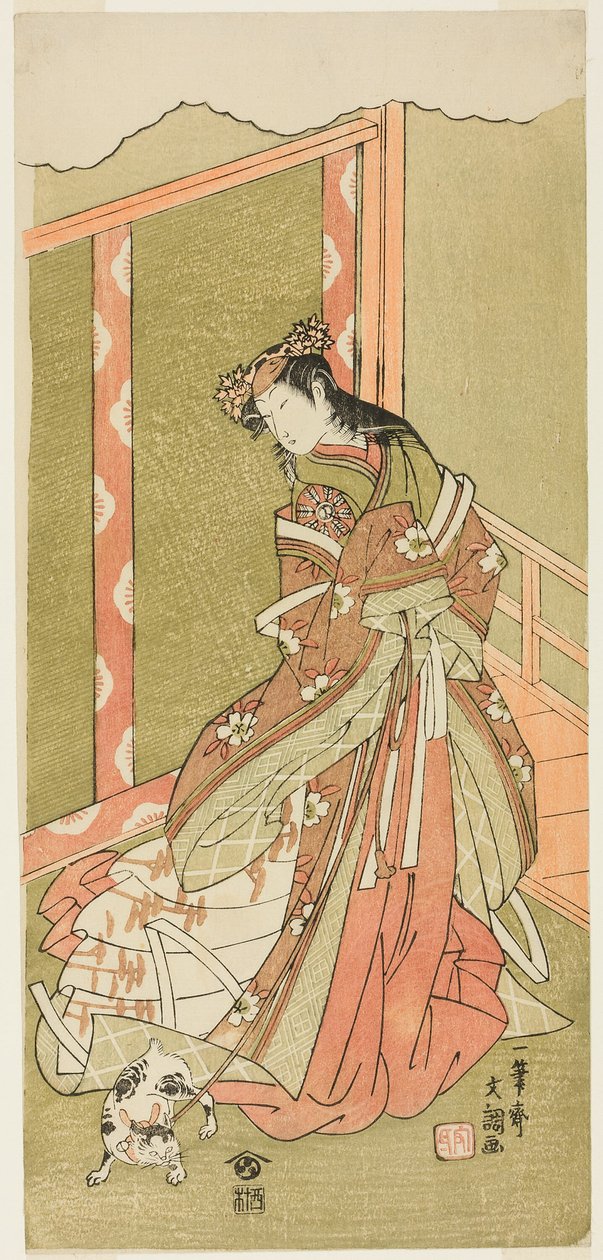 O ator Nakamura Noshio I como a Terceira Princesa (Nyosan no Miya) na peça Fuki Kaete Tsuki mo Yoshiwara (Rethatched Roof: The Moon also Shines Over the Yoshiwara Pleasure District), encenada no Teatro Morita do Primeiro Dia do Décimo Primeiro Mo de Ippitsusai Bunchō