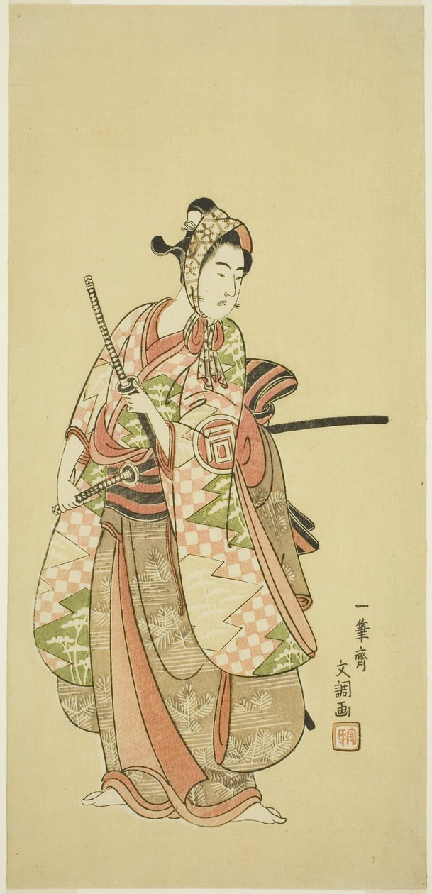 O ator Sanogawa Ichimatsu II no traje de um jovem elegante (Wakashu) de Ippitsusai Bunchō