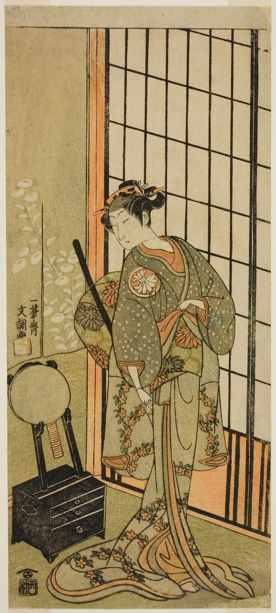 O Ator Segawa Kikunojo II como Princesa Hitomaru (Hitormaru Hime) (?) na Peça Soga Moyo Aigo no Wakamatsu (?), Apresentada no Teatro Nakamura (?) no Primeiro Mês, 1769 (?) de Ippitsusai Bunchō