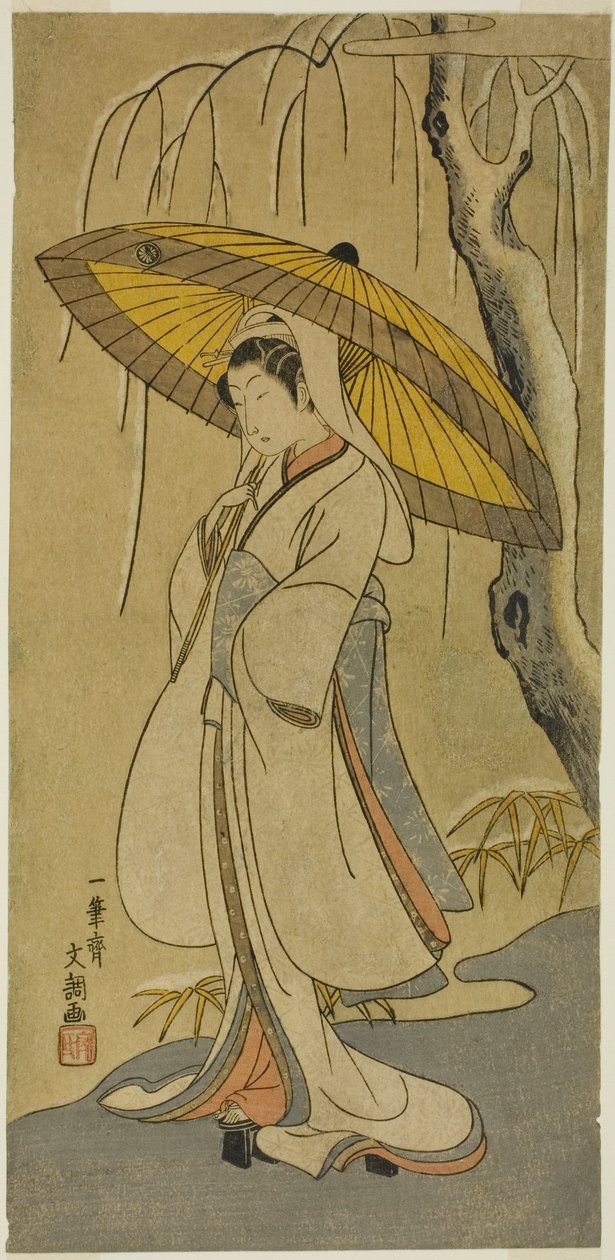O ator Segawa Kikunojo II como a Garça Donzela na peça "Cotton Wadding of Izu Protecting the Matrimonial Chrysanthemums (Myoto-giku Izu no Kisewata)", apresentada no Teatro Ichimura a partir do primeiro dia do décimo primeiro mês de 1770 de Ippitsusai Bunchō