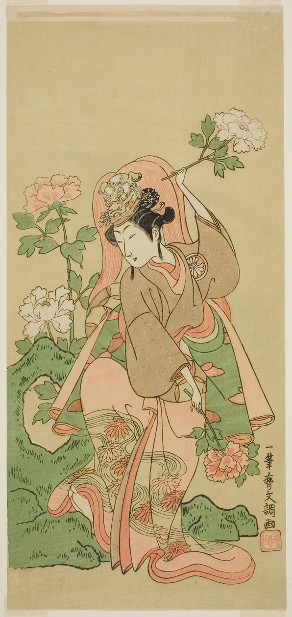 O ator Segawa Kikunojo II em Shakkyo Dance na peça Soga Moyo Aigo no Wakamatsu, apresentada no Teatro Nakamura no segundo mês, 1769 de Ippitsusai Bunchō