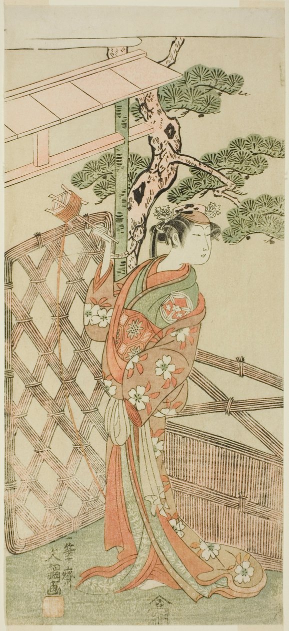 O ator Yamashita Kinsaku II como Moshio, esposa de Ito Sukekiyo, na peça Izu-goyomi Shibai no Ganjitsu, apresentada no Teatro Morita no décimo primeiro mês, 1772 de Ippitsusai Bunchō
