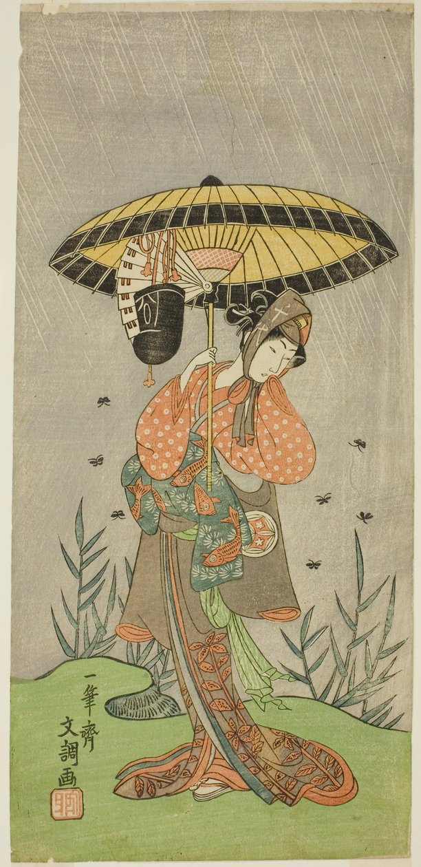 O Ator Yamashita Kinsaku II como Nijo no Kisaki (?) na Peça Natsu Matsuri Naniwa Kagami (?), Apresentada no Teatro Morita (?) no Sétimo Mês, 1770 (?) de Ippitsusai Bunchō