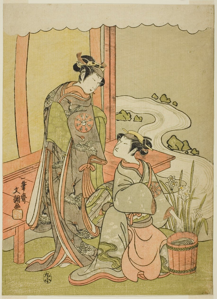 Os atores Nakamura Tomijuro I como Enju disfarçado de Shirbyoshi Gio (direita), e Nakamura Noshio I como Goo disfarçado de Hotoke Gozen (esquerda), na peça Miyako-zome Gio Katsugi, apresentada no Teatro Morita no décimo primeiro mês, 1770 de Ippitsusai Bunchō