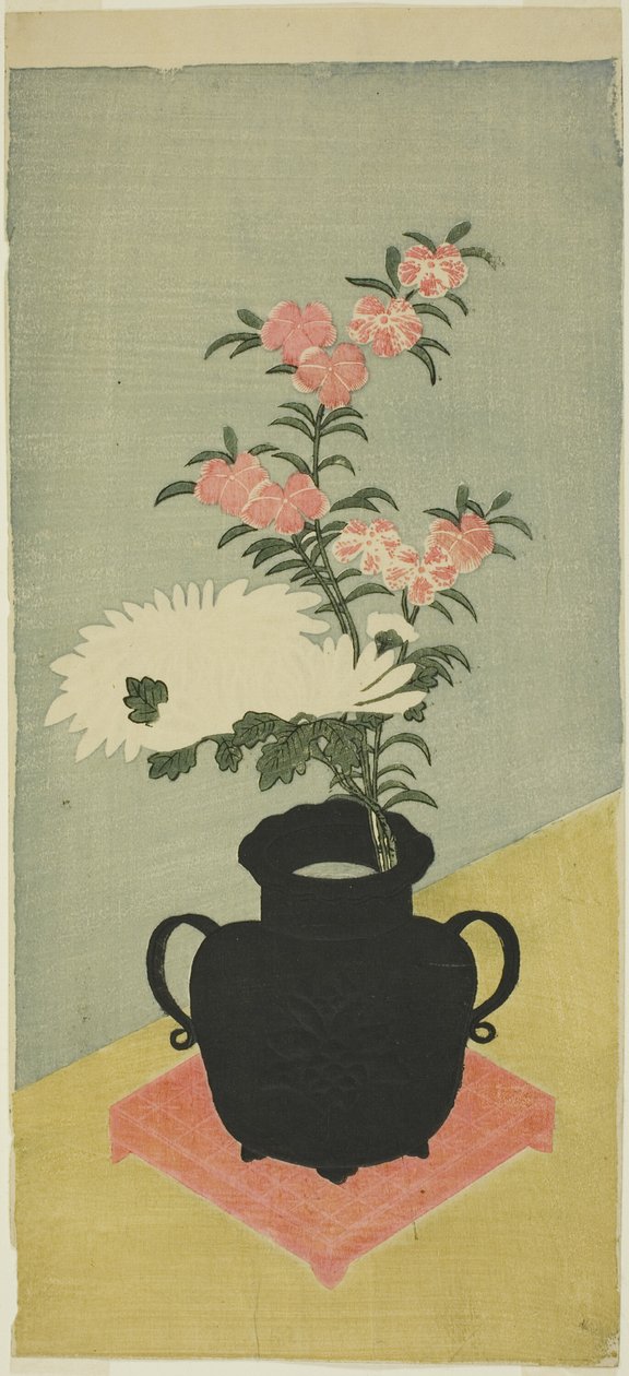 Crisântemos brancos e rosas em um vaso preto de Ippitsusai Bunchō
