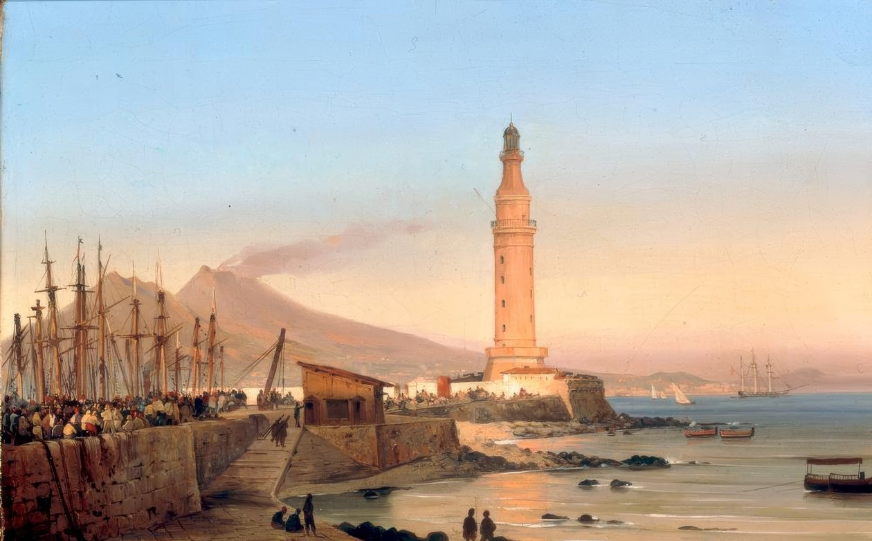 Vista do farol de Santa Lucia em Nápoles de Ippolito Caffi