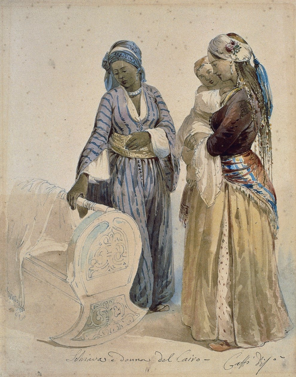 Escrava e mulher do Cairo, desenho em aguarela de Ippolito Caffi (1809-1866) de Ippolito Caffi