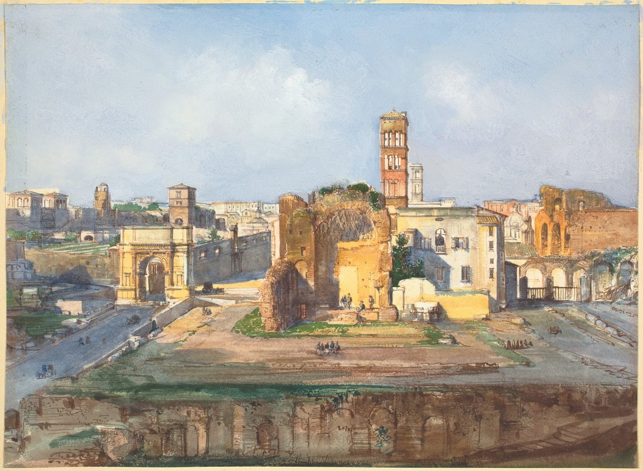 O Arco de Tito e o Templo de Vênus e Roma perto do Fórum Romano de Ippolito Caffi