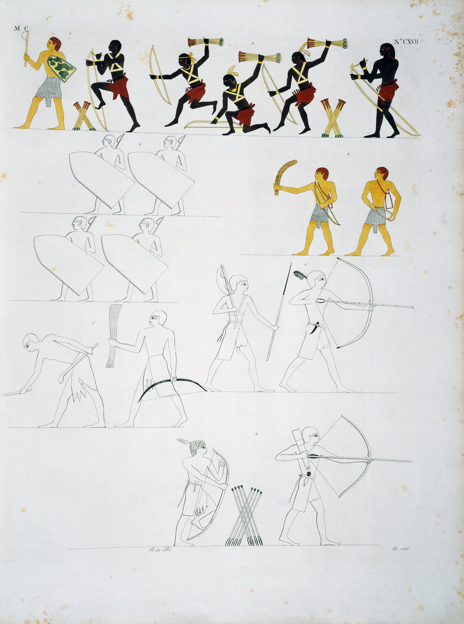 Cenas militares, soldados com arcos e flechas, de túmulos de Beni Hasan, Placa CXVIII, de monumentos do Egipto e Núbia: monumentos civis de Ippolito Rosellini