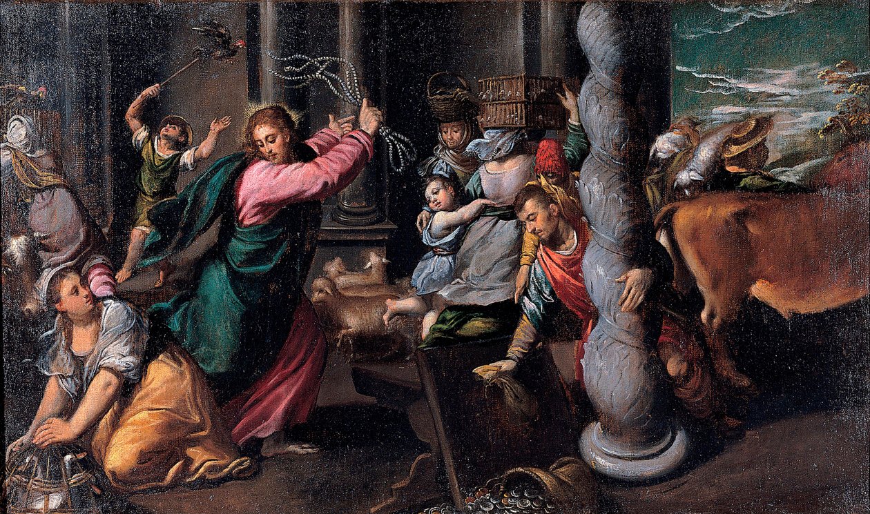 Le Christ chassant les marchands du temple - Cristo conduzindo os financiadores do templo - Pintura de Ippolito Scarsellino (Scarsella) (1551-1620), Óleo sobre tela 1580-1585 (68x116 cm) - Musei Capitolini, Roma de Ippolito Scarcella