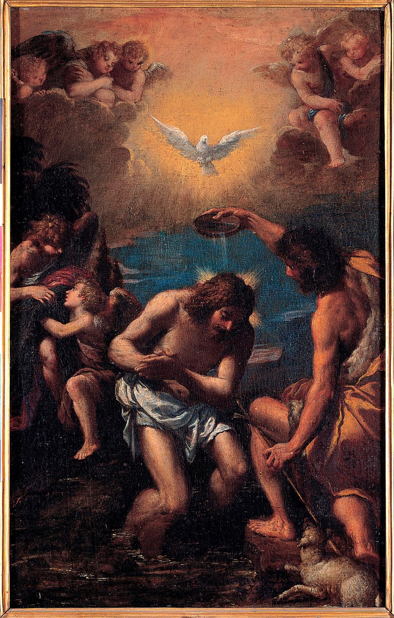 O batismo de Cristo - São João Batista batiza Jesus Cristo com as águas do Jordão com, acima delas, a pomba do Espírito Santo (Espírito Santo) - O Batismo de Cristo - Pintura de Ippolito Scarsellino (Scarsella) (1551-1620) ), Óleo sobre madeira 1585- de Ippolito Scarcella