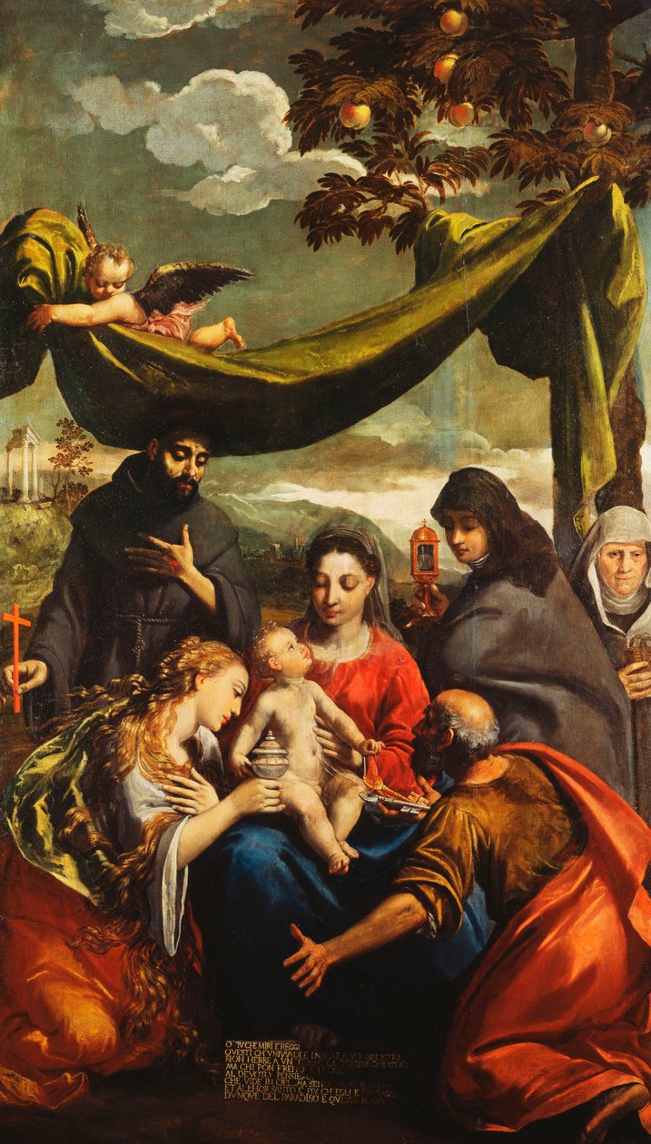 Madonna e criança com os santos Mary Magdelen, Peter, Clare e Francis e um retrato da abadessa de Ippolito Scarsella