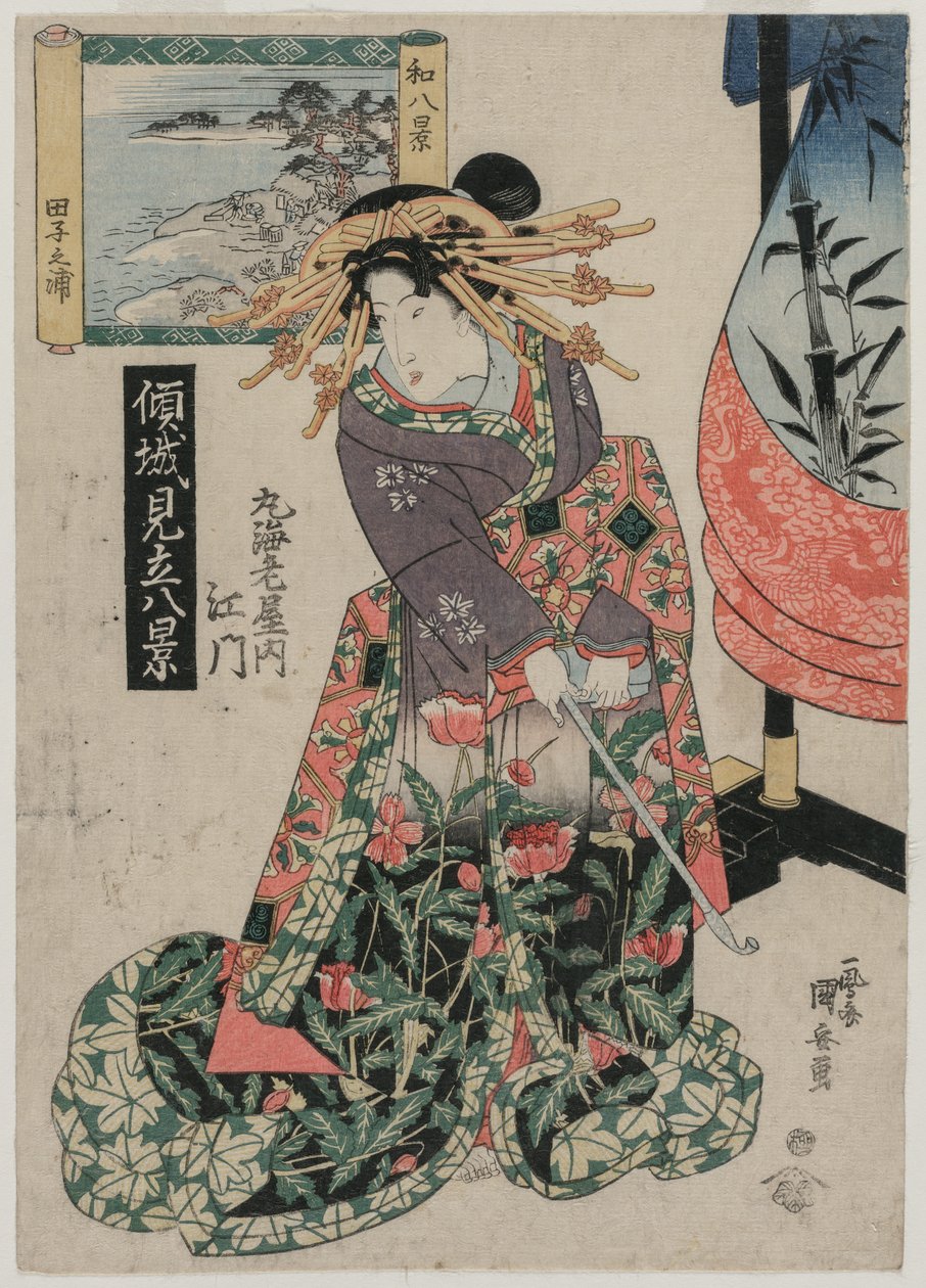 A Courtesan Emon de Maruebiya com Vista da Baía de Tago..., c. final de 1820 ou início de 1830. de Ipposai Kuniyasu