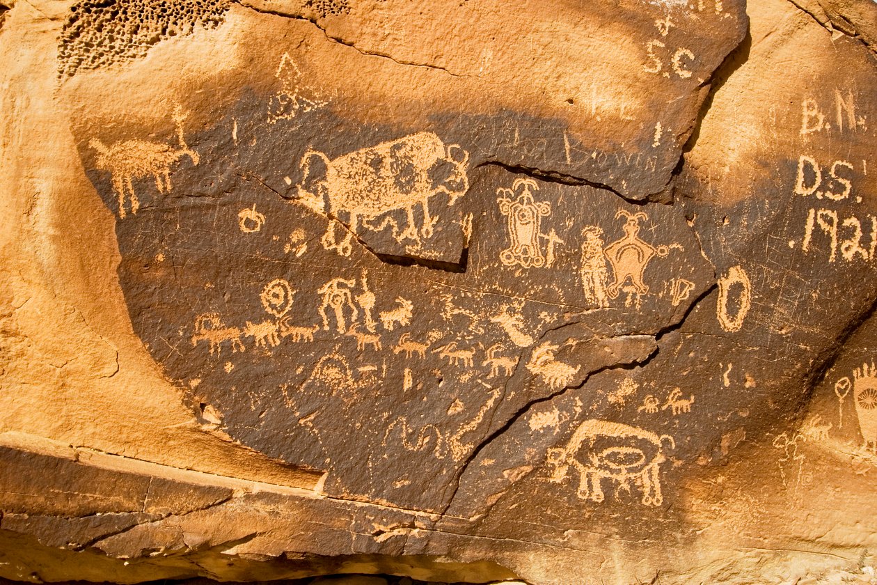 Um petróglifo numa rocha com um bisonte e outra bisonte grávida em Willow Bend em..., 2005 (foto) de Ira Block