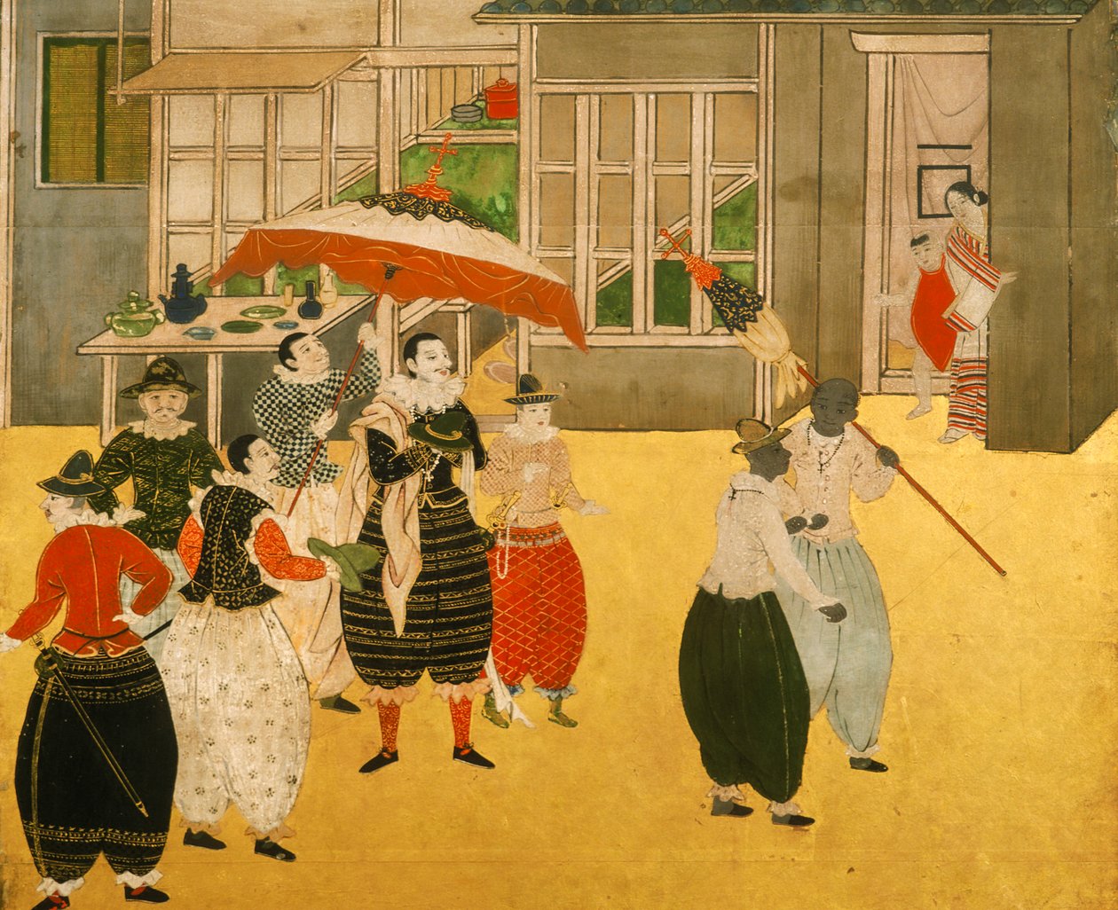 Pormenores da tela de byobu de Namban que representa a visita de comerciantes portugueses ao Japão durante o período Momoyama, 2005 (foto) de Ira Block