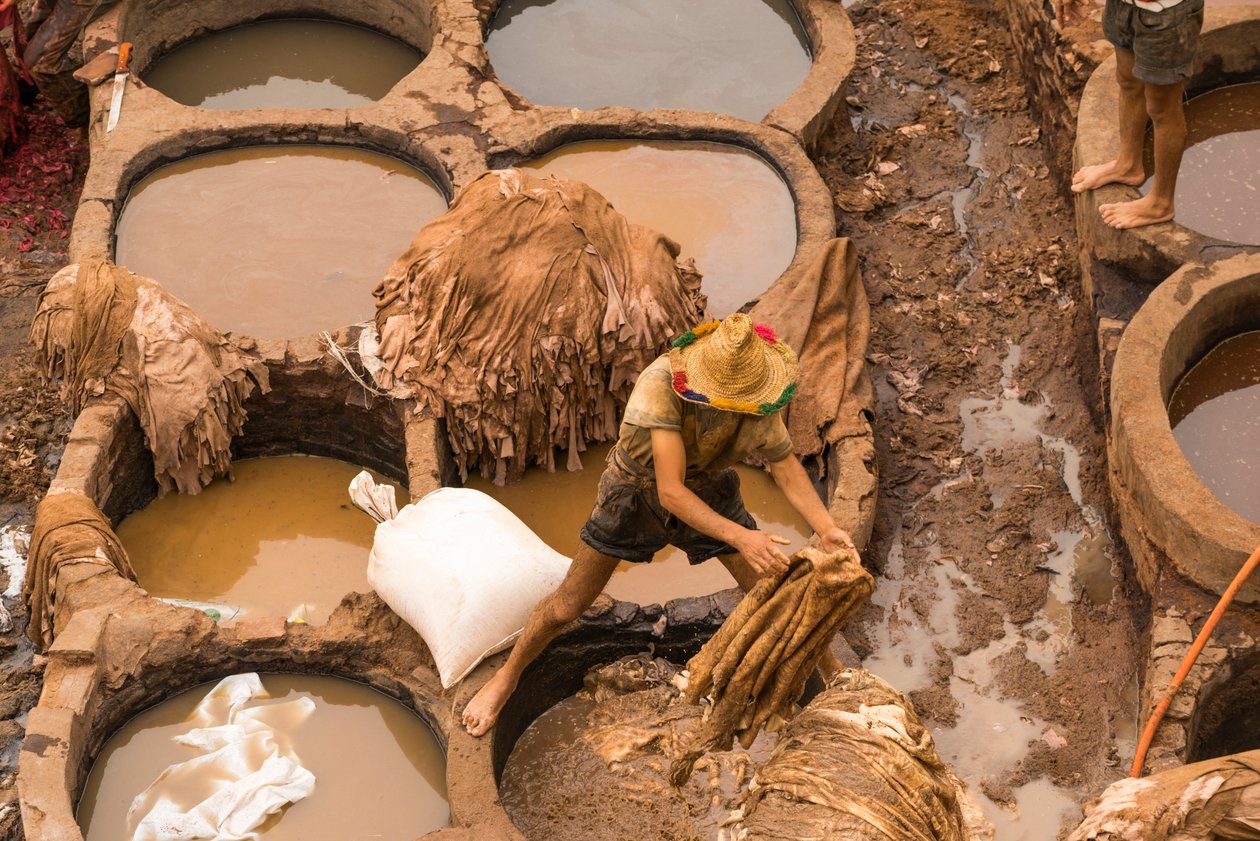 Couros a serem tingidos na fábrica de curtumes Chouara, em Fes, Marrocos, 2014 (foto) de Ira Block