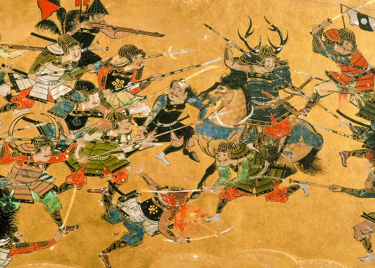 Dois painéis centrais que representam cenas da Batalha de Osaka, Japão, 2005 (foto) de Ira Block