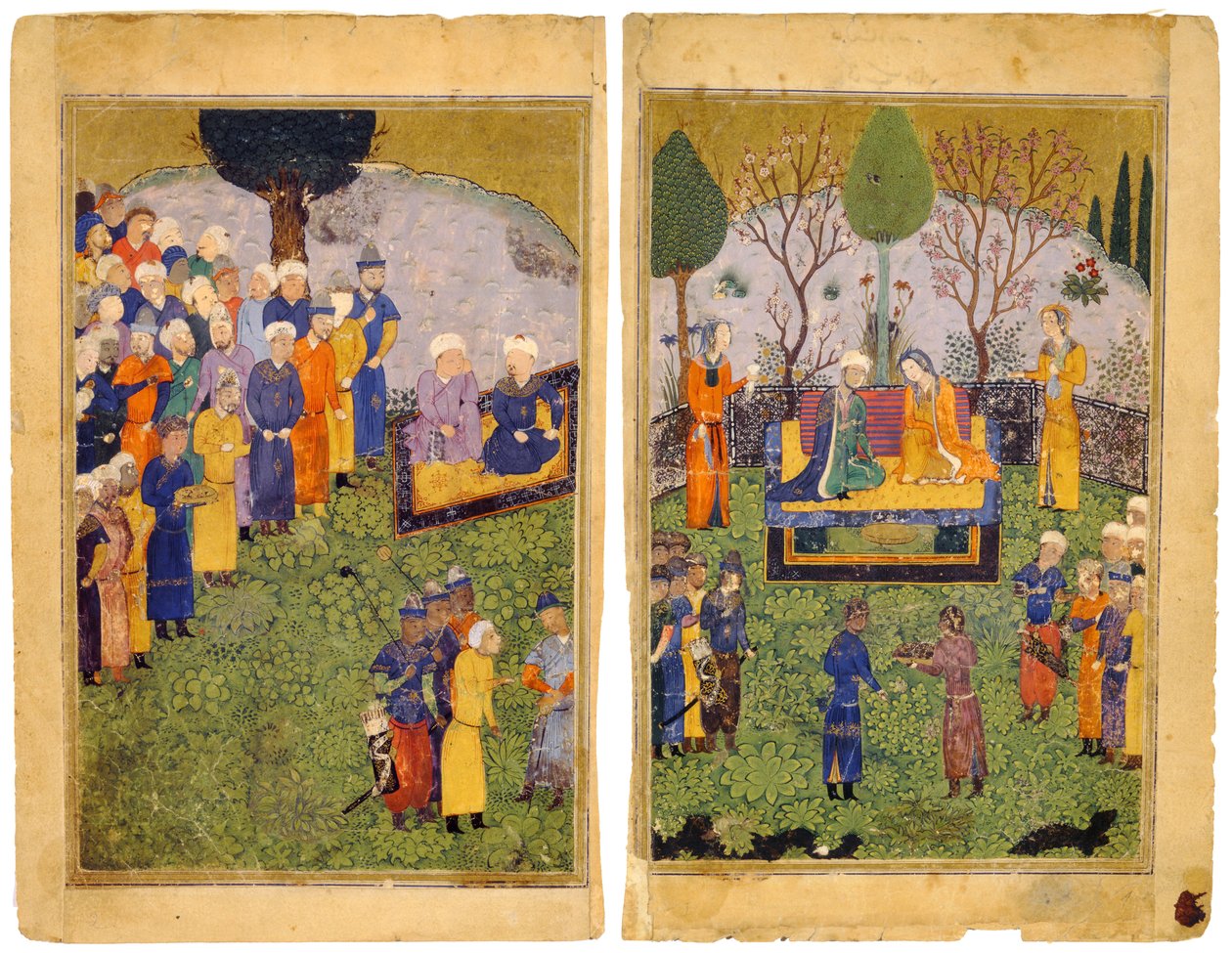 Um casal principesco com cortesãos em um jardim. Do Livro dos Reis de Shahnama de Iranian Master