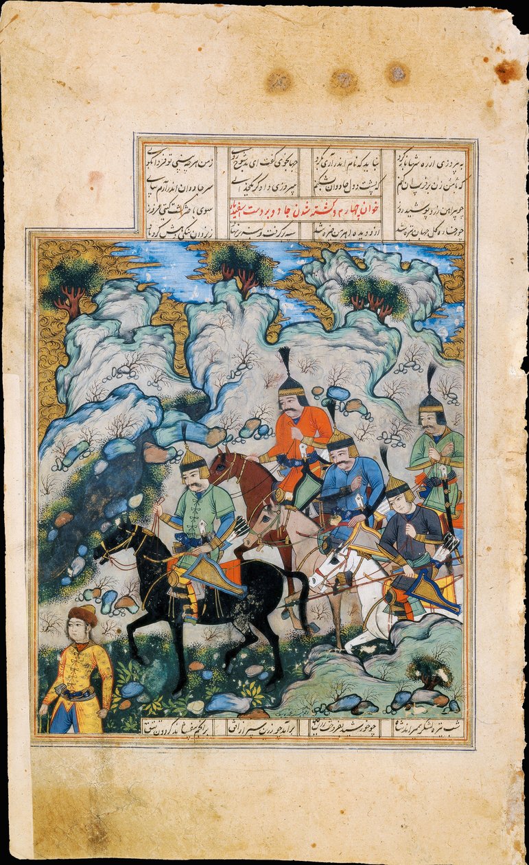 Esfandiyar e sua iluminação do manuscrito do exército do épico Shahname de Ferdowsi de Iranian Master