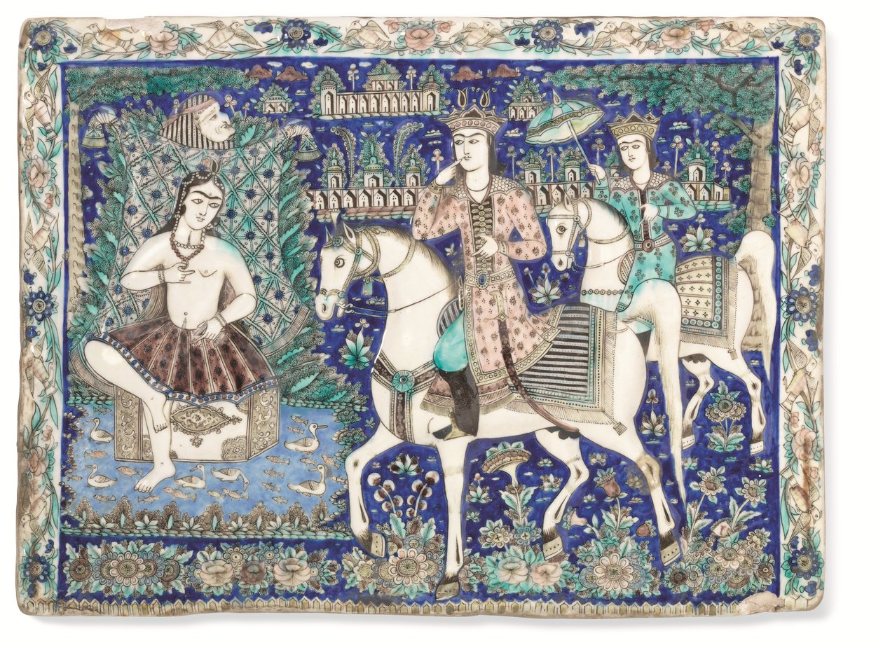 Uma grande telha Qajar moldada e vidrada, Qajar Irão de Iranian School