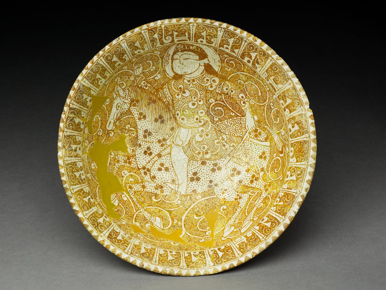 Bacia com Cavaleiro e Insígnia Pseudo-Kufic (fritware com overglaze em brilho) de Iranian School