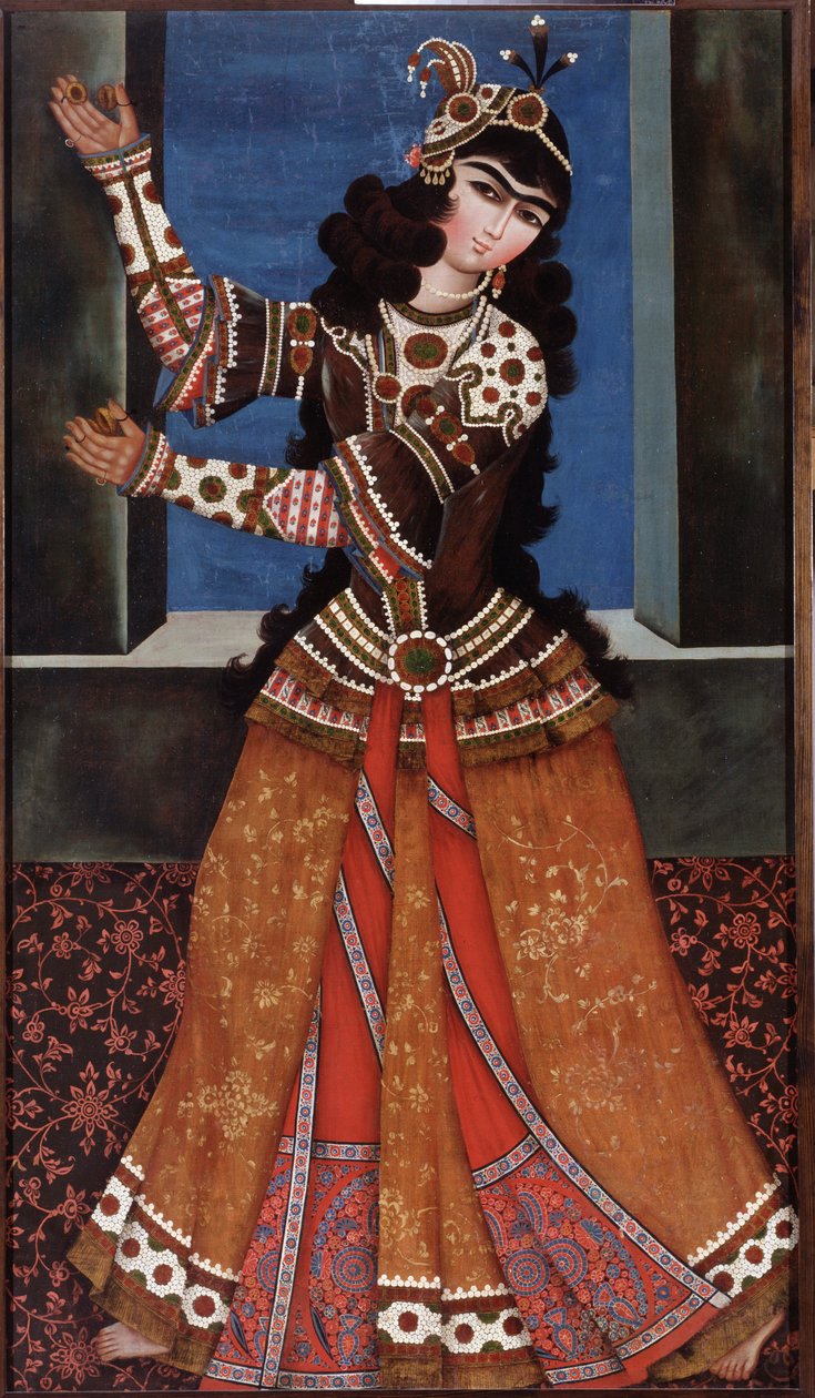 Dançarina com castanholas - Pintura de um mestre iraniano, óleo sobre tela (158x90 cm), início do século XIX - Dançarina com castanholas, óleo sobre tela de um mestre iraniano, início do século XIX - State Hermitage, São Petersburgo de Iranian School