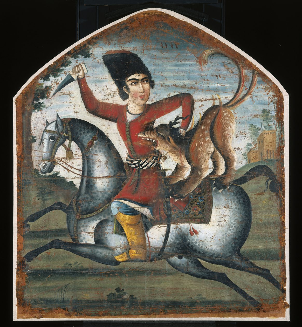 Caçador a cavalo atacado por um animal mítico, meados do século XVIII (ver 200943) de Iranian School