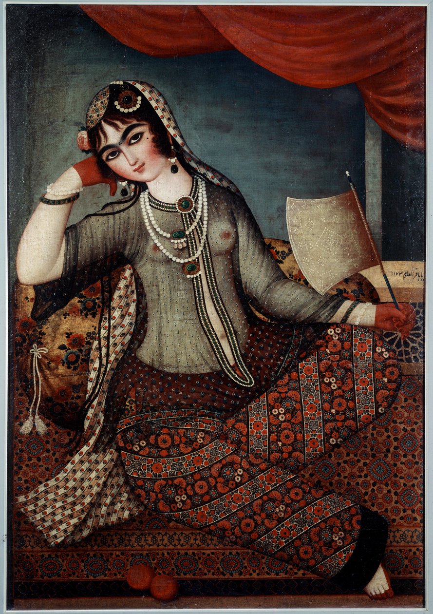 Arte Iraniana: Pintura "Rapariga no Fã" da Escola Shiraz de Iranian School