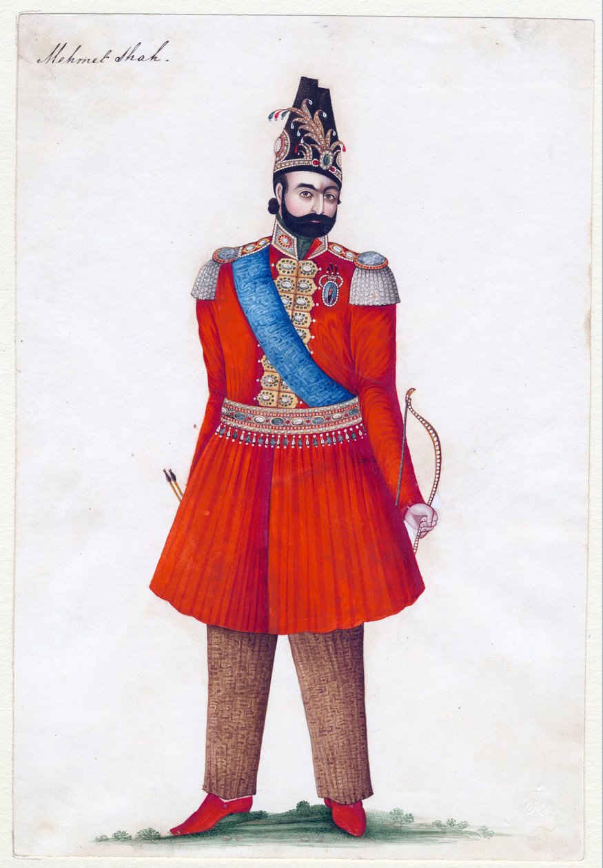 Mohammad Shah Qajar (1808-1848), rei da Pérsia - mestre iraniano - 1835 - Gouache sobre papel - 24,2x16,5 - Coleção Privada de Iranian School