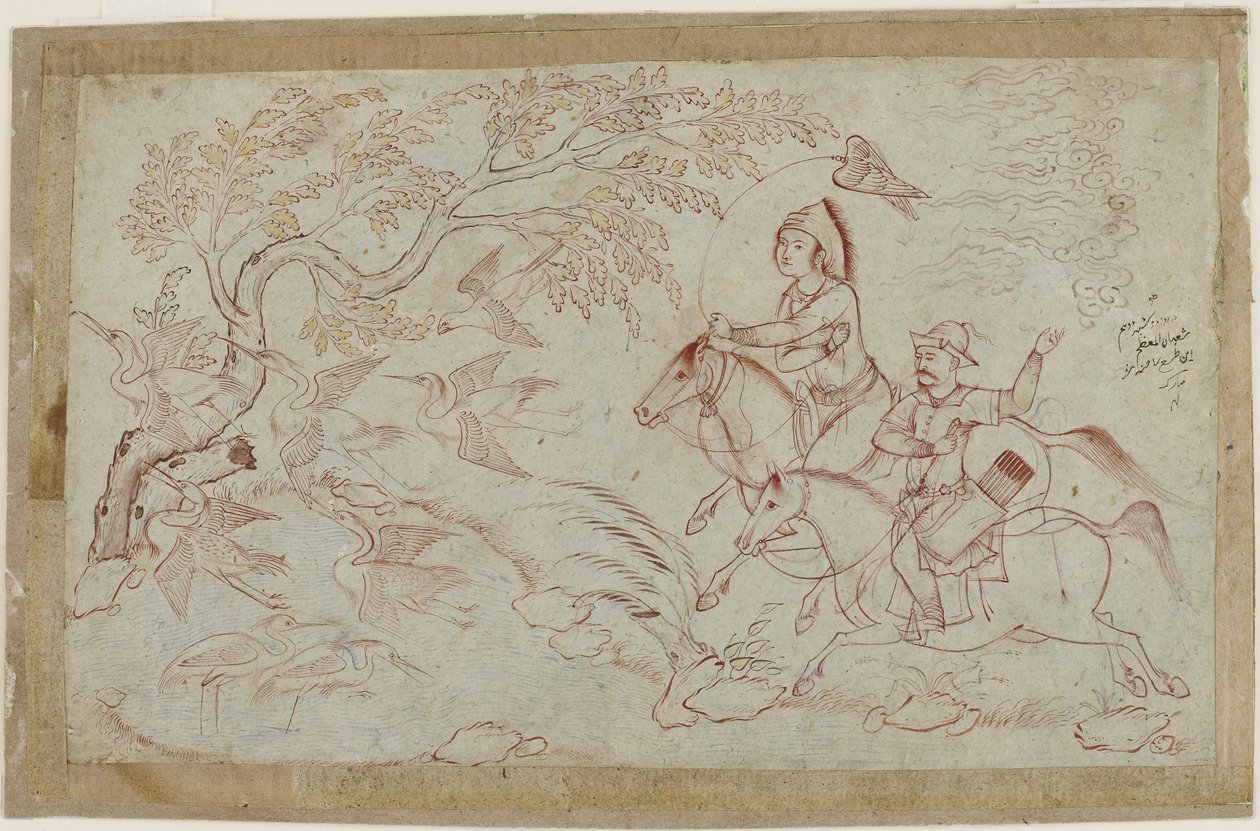 Dois, cavaleiro, caça, com, falcão, 1640s de Iranian School