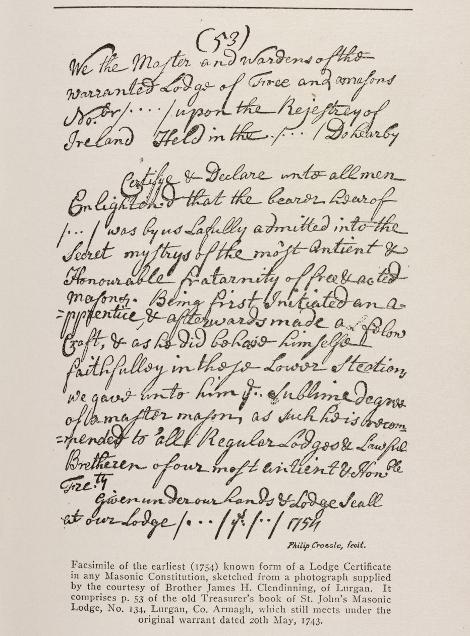 Primeiro certificado conhecido (irlandês) com um selo da Grande Loja, 1762 de Irish School