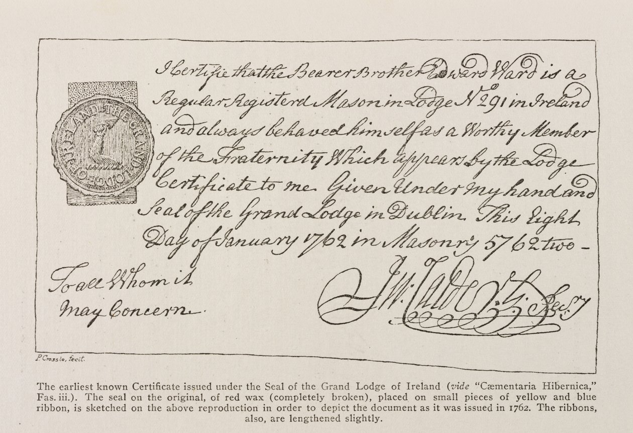 Facsimilie do mais antigo certificado conhecido emitido sob o selo da Grande Loja da Irlanda, datado de 1762 de Irish School