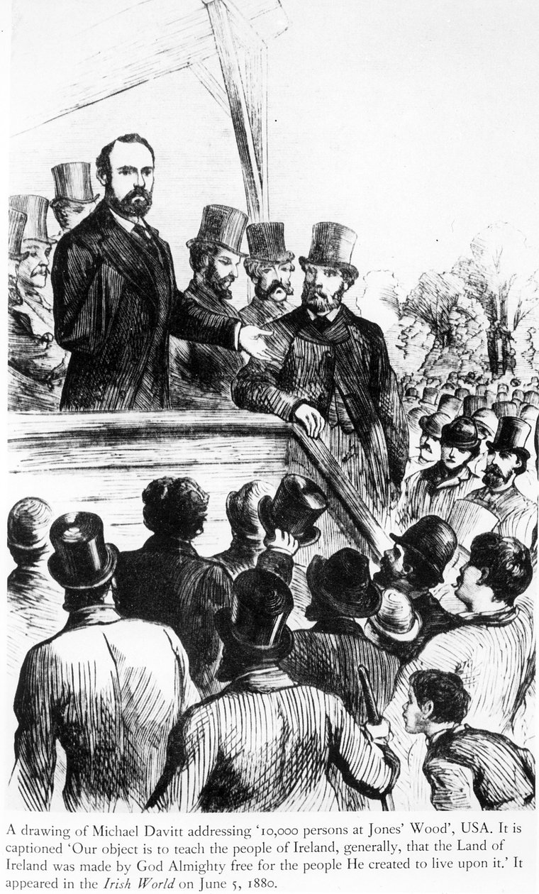 Michael Davitt dirigindo-se a 100.000 pessoas em Jones Wood, EUA, da Irish World, 5 de junho de 1880 de Irish School