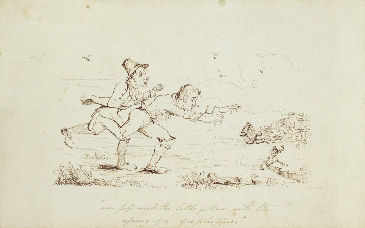 Sobre o Pop foi o pequeno companheiro com a Primavera de um gafanhoto, ilustração de livro mostrando dois irlandeses perseguindo um duende, século XIX (caneta e tinta no papel) de Irish School