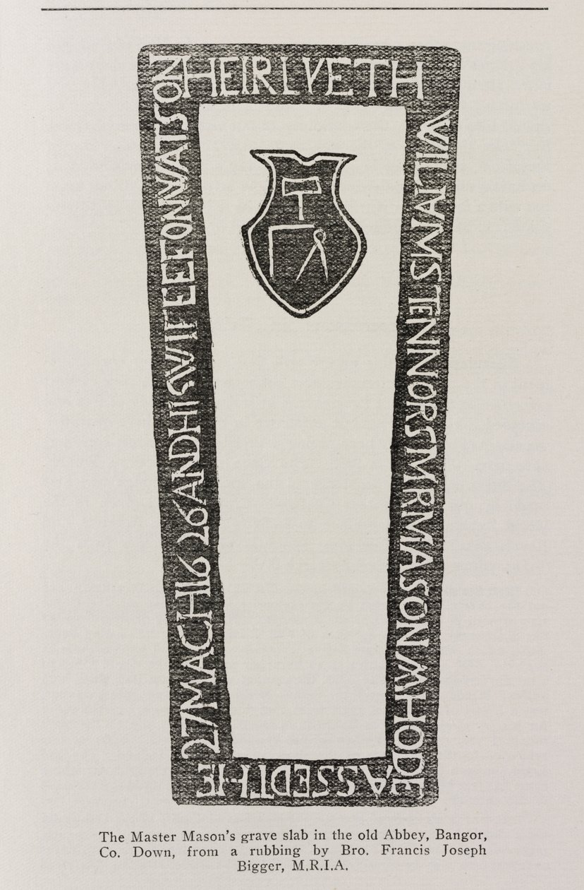 Imprima de uma laje de sepultura de maçons na antiga abadia, Bangor, Co. Down, datada de 1626 de Irish School