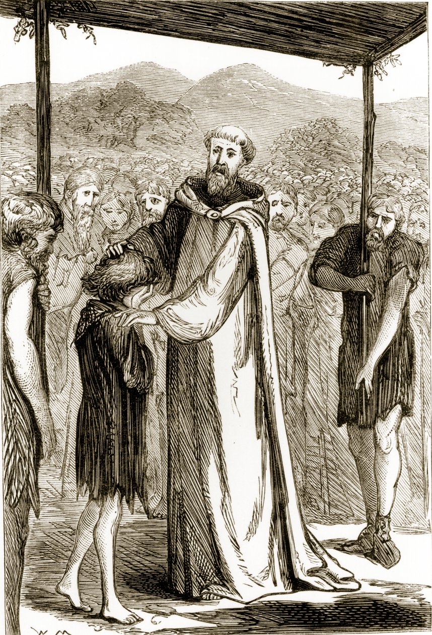 São Columba abençoa um menino selvagem, de The Trias Thaumaturga, ou "Três Santos da Obra-Maravilha da Irlanda", de Mary Cusack (1829-99), publicado em 1890 de Irish School