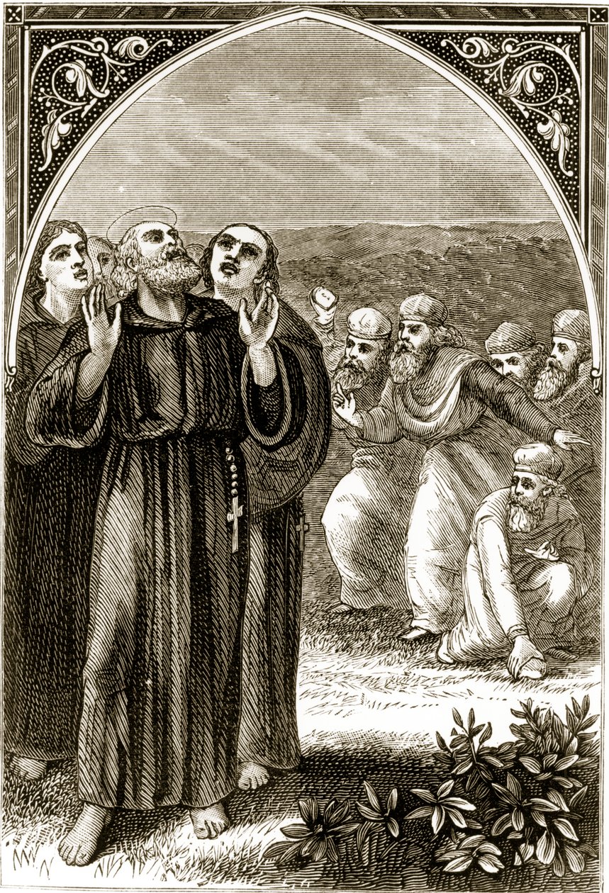 São Columba cantando, e atacado pelos druidas, de The Trias Thaumaturga, ou três santos trabalhadores da Irlanda, de Mary Cusack (1829-99), publicado em 1890 de Irish School