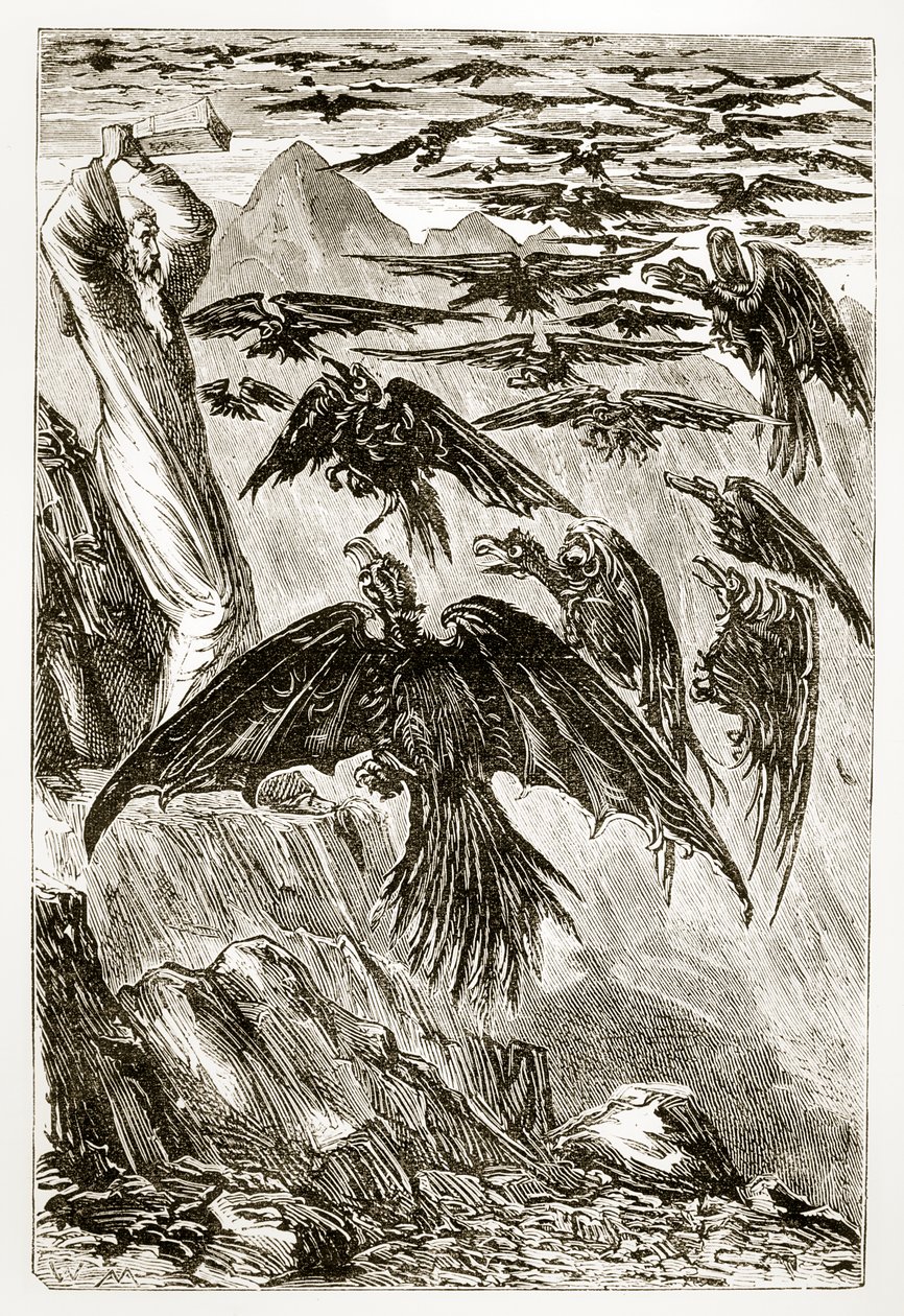 São Patrício e os pássaros demoníacos, de The Trias Thaumaturga, ou Três Maravilhas da Irlanda, de Mary Cusack (1829-1899), publicado em 1890 de Irish School