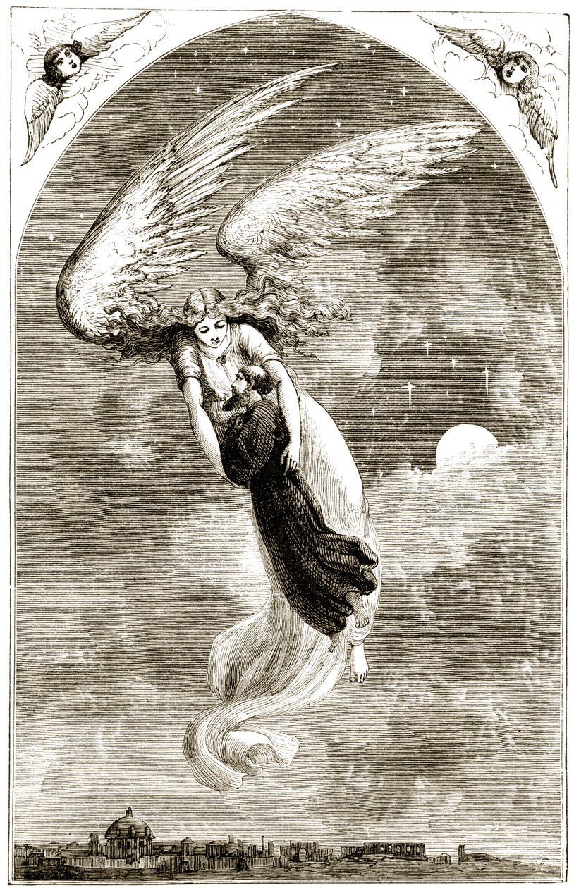 São Patrício levado para Roma pelo anjo, de The Trias Thuamaturga, ou Tres Maravilhas da Irlanda, de Mary Cusack (1829-99), publicado em 1890 de Irish School