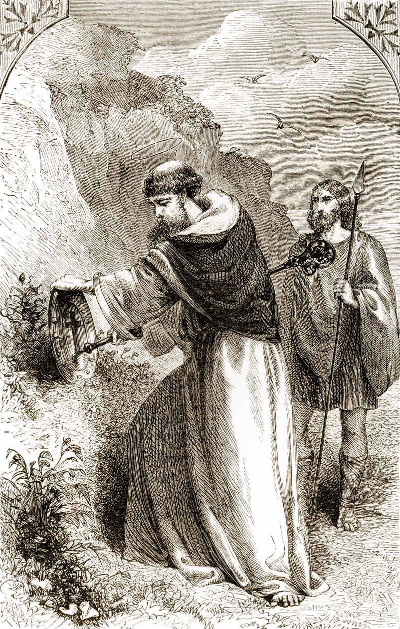 São Patrício, Marcando Connals escudo com a cruz, de The Trias Thuamaturga, ou três maravilha-trabalhando Santos da Irlanda, por Mary Cusack (1829-99) publicado em 1890 de Irish School